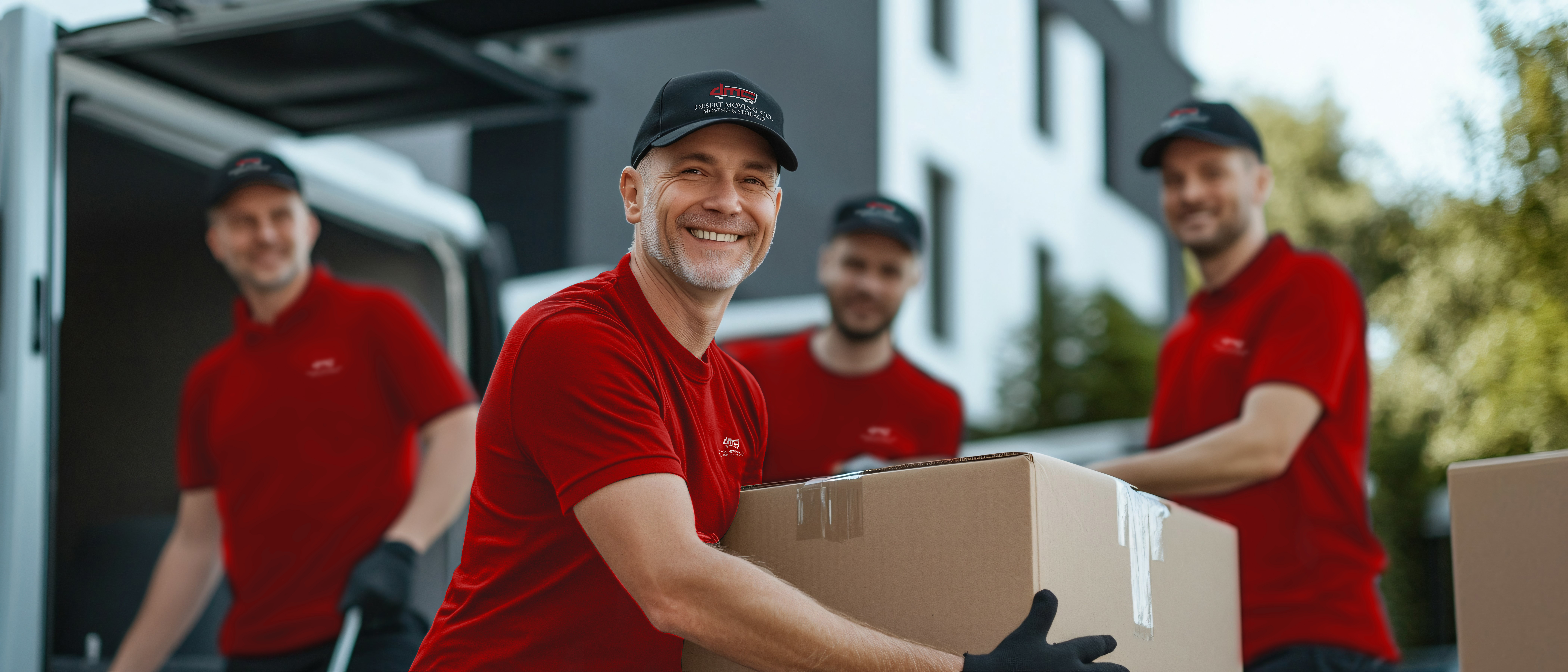 Desert Moving team smiling with moving boxes