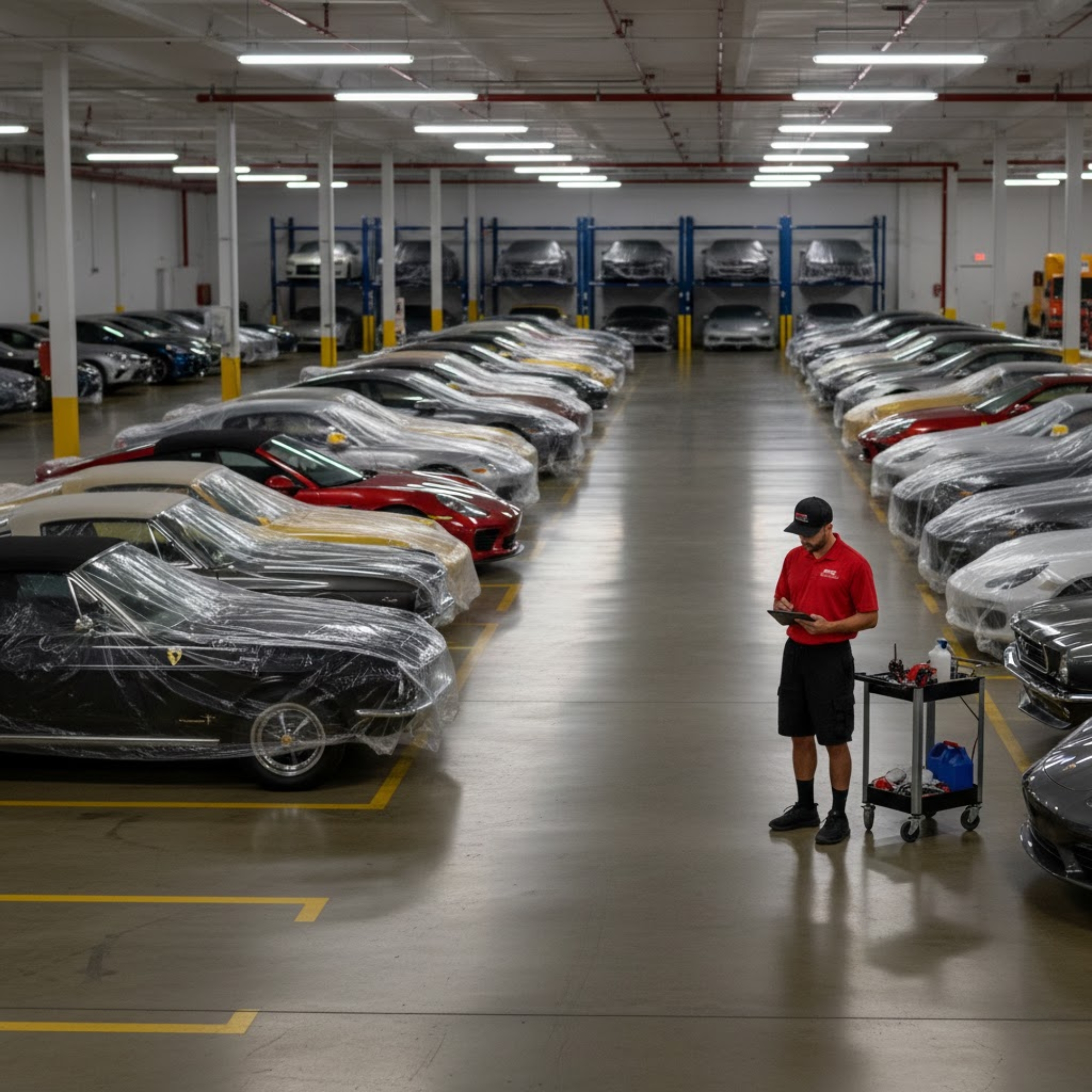 Large indoor car storage and transport facility with covered vehicles