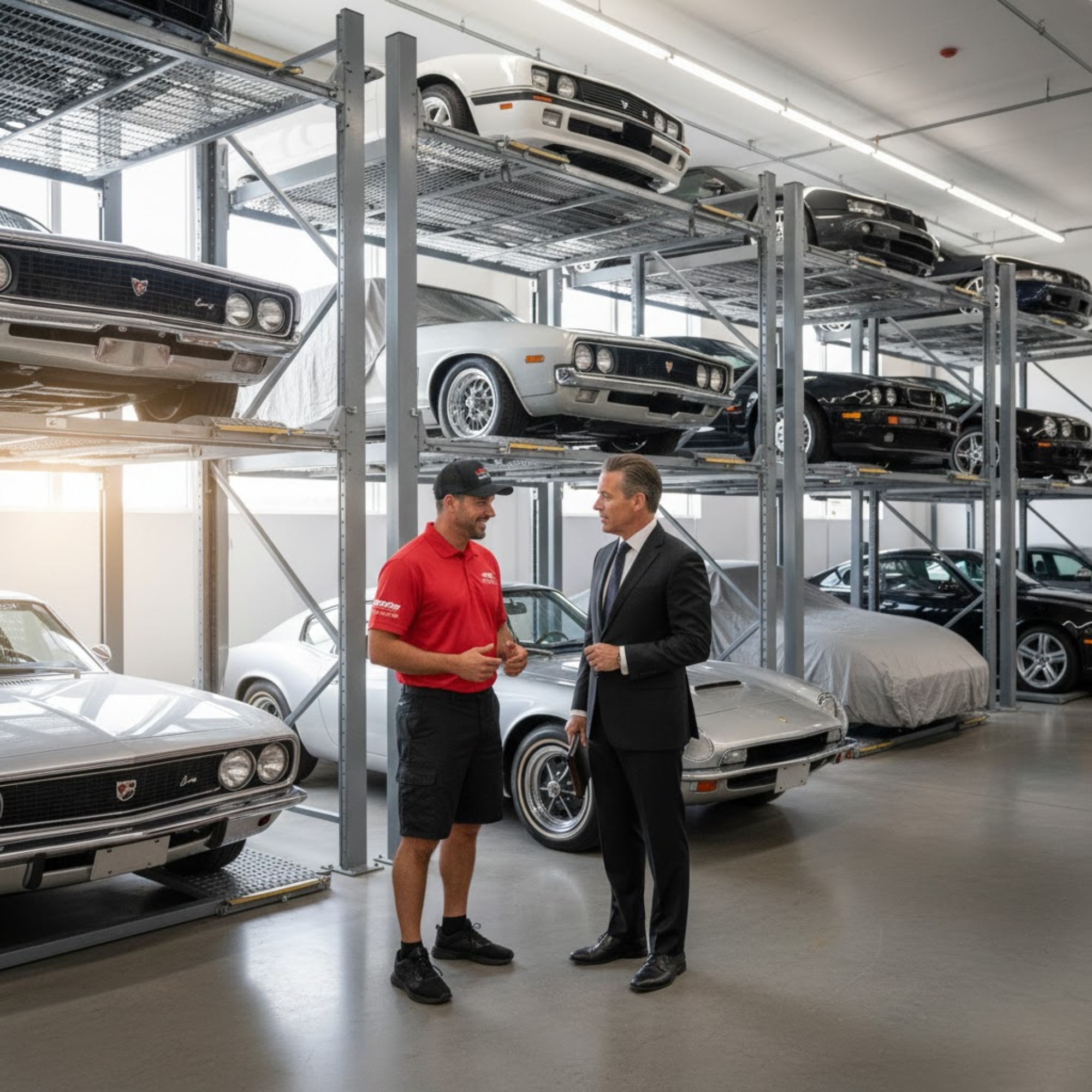 DMC staff and client reviewing car shipping options in classic car facility