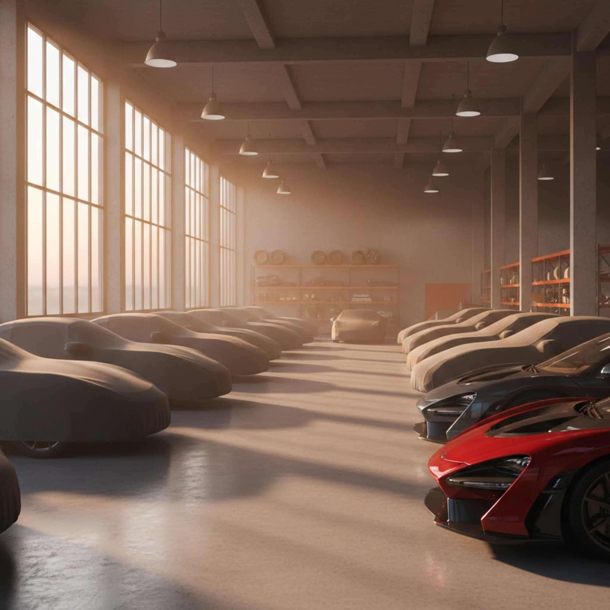 Luxury enclosed car storage facility showing transport-ready vehicles