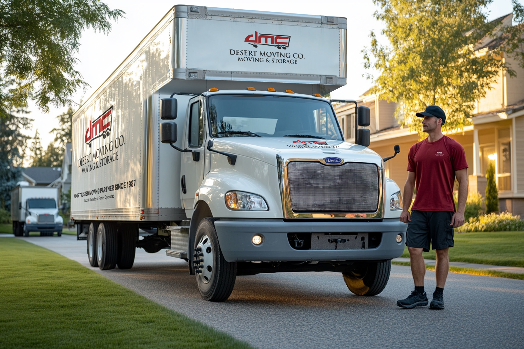 DMC branded moving truck parked in residential driveway with mover