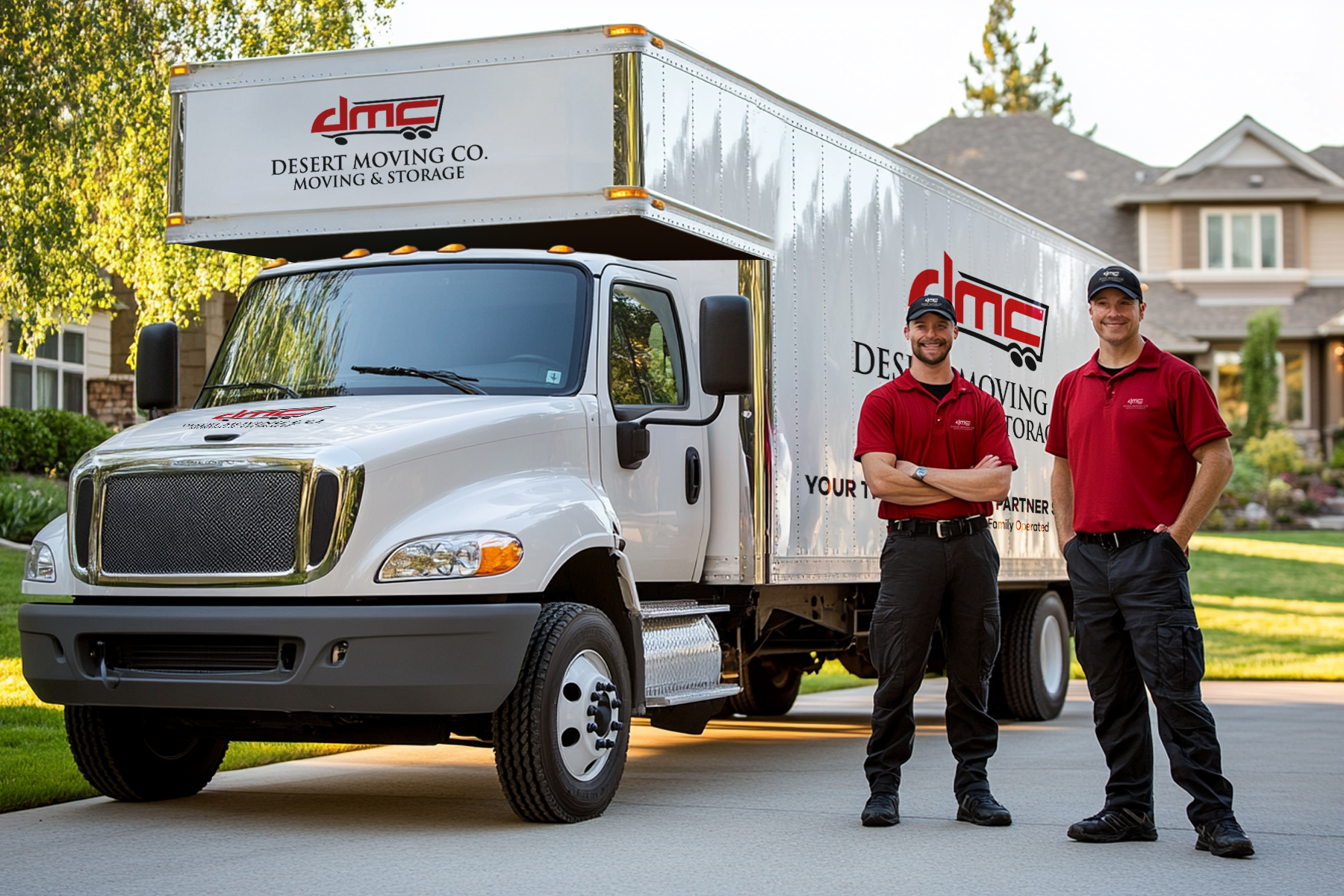 Two Desert Moving team members standing in front of branded truck