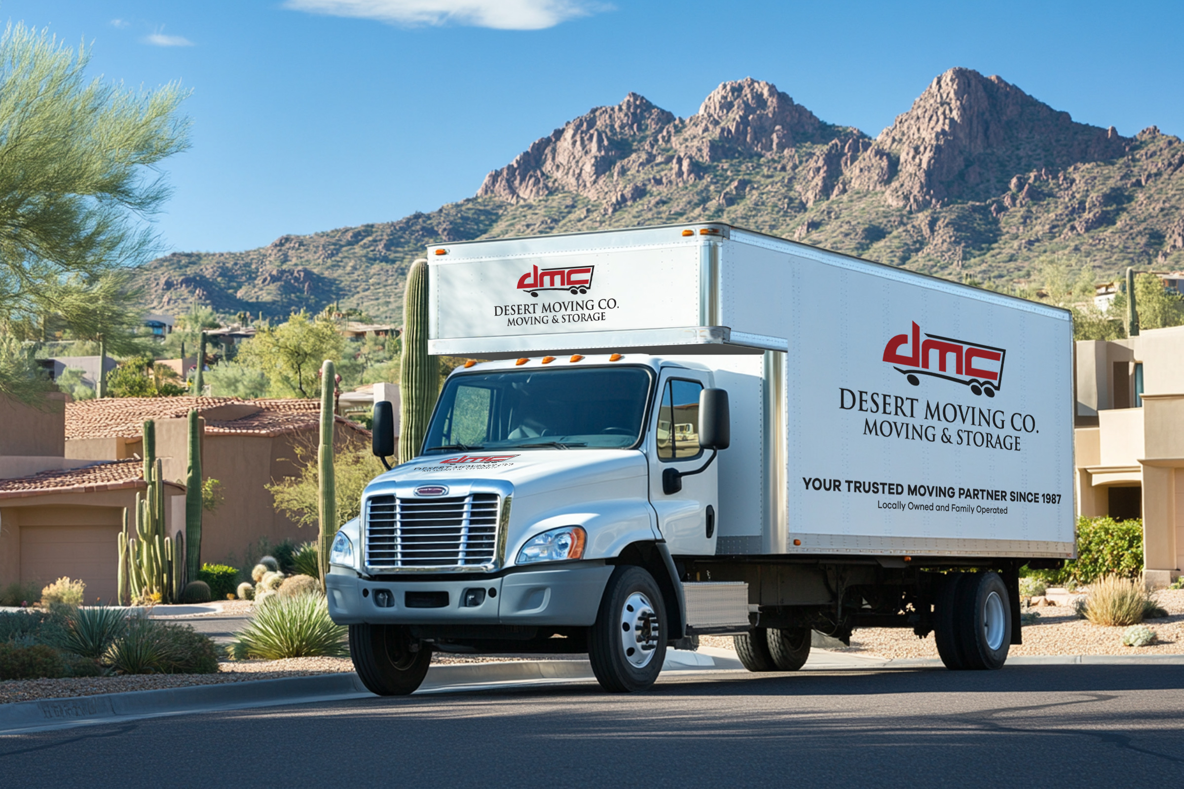 DMC branded moving truck on residential street with desert mountains