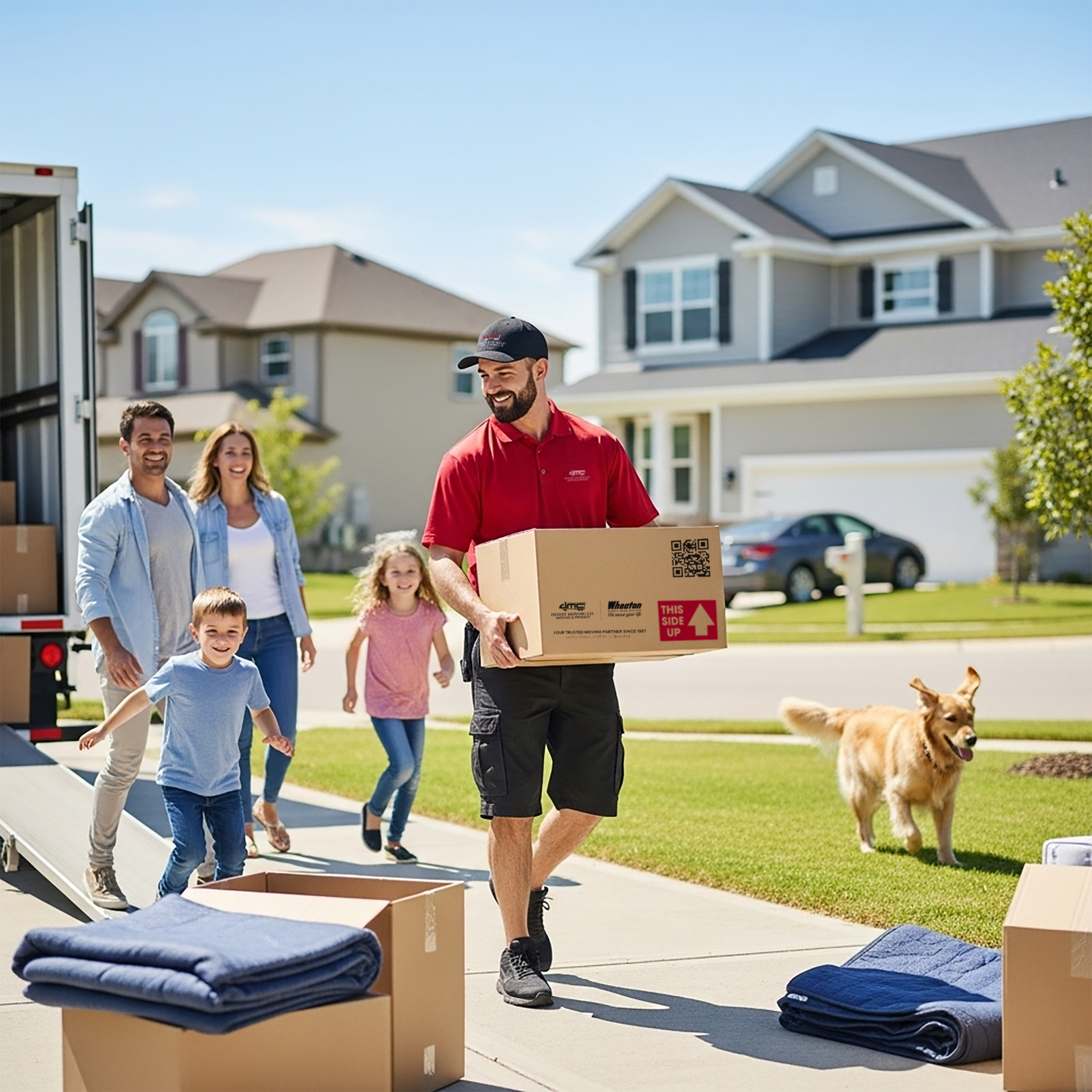 Desert Moving mover with happy family during local move