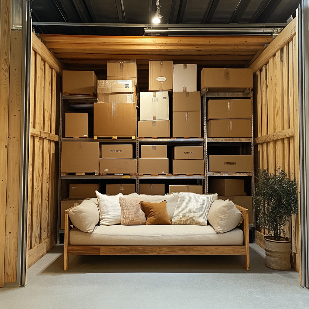 Neatly organized storage unit with shelved boxes and sofa